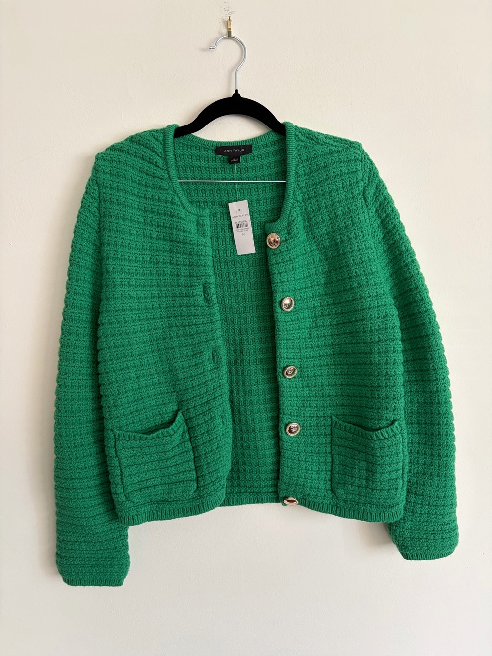 Ann Taylor Emerald Green Textured Knit Cardigan with Gold Buttons